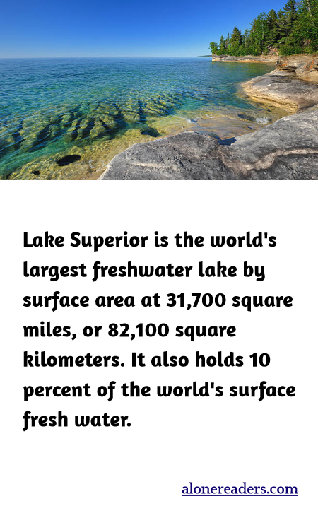 Lake Superior is the world's largest freshwater lake by surface area at 31,700 square miles, or 82,100 square kilometers. It also holds 10 percent of the world's surface fresh water.