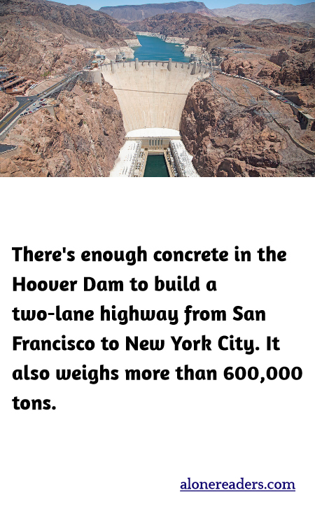 There's enough concrete in the Hoover Dam to build a two-lane highway from San Francisco to New York City. It also weighs more than 600,000 tons.