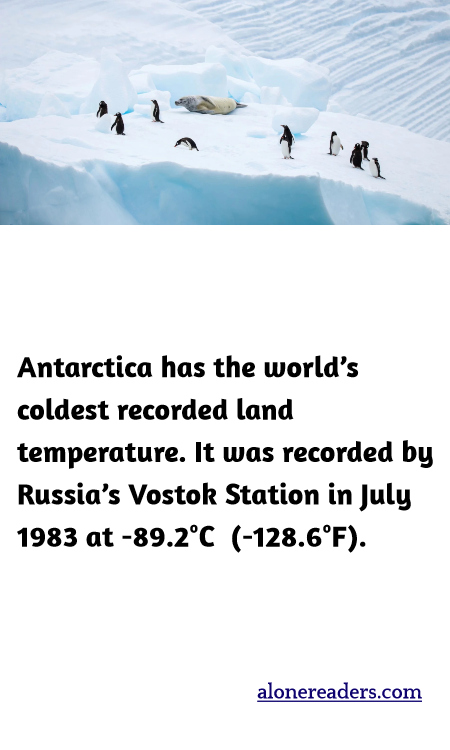 Antarctica has the world’s coldest recorded land temperature. It was recorded by Russia’s Vostok Station in July 1983 at -89.2°C  (-128.6°F).