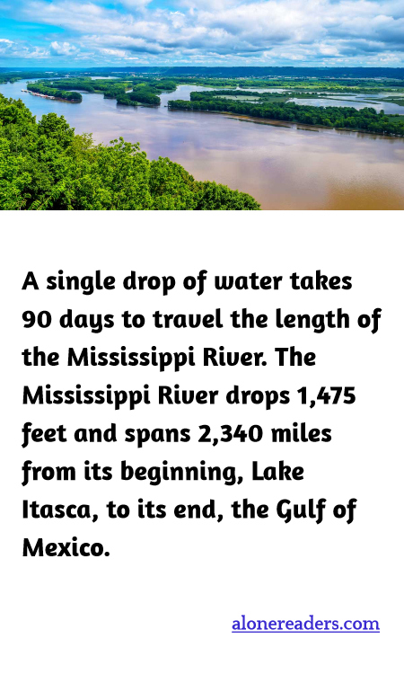 A single drop of water takes 90 days to travel the length of the Mississippi River. The Mississippi River drops 1,475 feet and spans 2,340 miles from its beginning, Lake Itasca, to its end, the Gulf of Mexico.