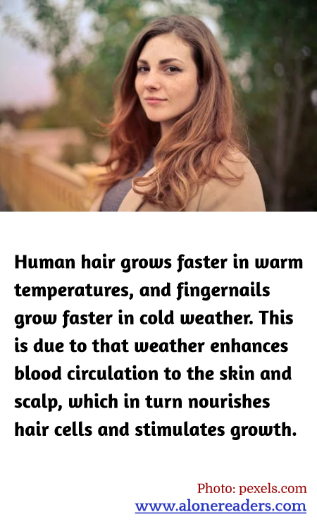 Human hair grows faster in warm temperatures, and fingernails grow faster in cold weather. This is due to that weather enhances blood circulation to the skin and scalp, which in turn nourishes hair cells and stimulates growth.