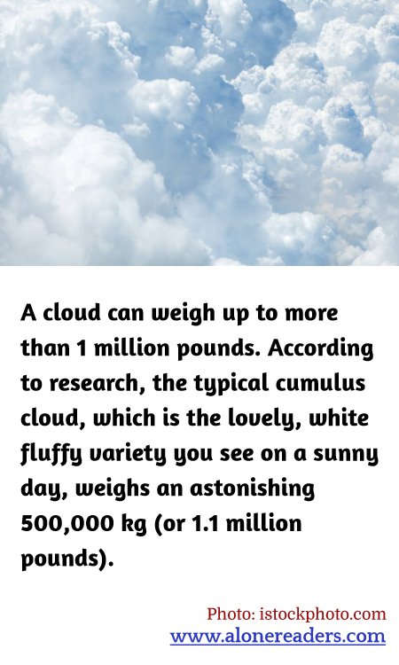 A cloud can weigh up to more than 1 million pounds. According to research, the typical cumulus cloud, which is the lovely, white fluffy variety you see on a sunny day, weighs an astonishing 500,000 kg (or 1.1 million pounds).
