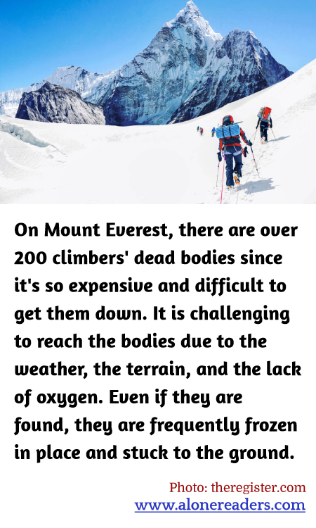 On Mount Everest, there are over 200 climbers' dead bodies since it's so expensive and difficult to get them down. It is challenging to reach the bodies due to the weather, the terrain, and the lack of oxygen. Even if they are found, they are frequently frozen in place and stuck to the ground.