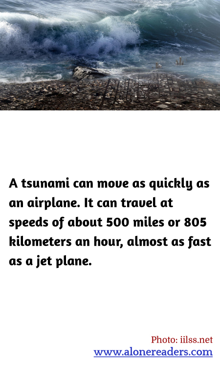 A tsunami can move as quickly as an airplane. It can travel at speeds of about 500 miles or 805 kilometers an hour, almost as fast as a jet plane.