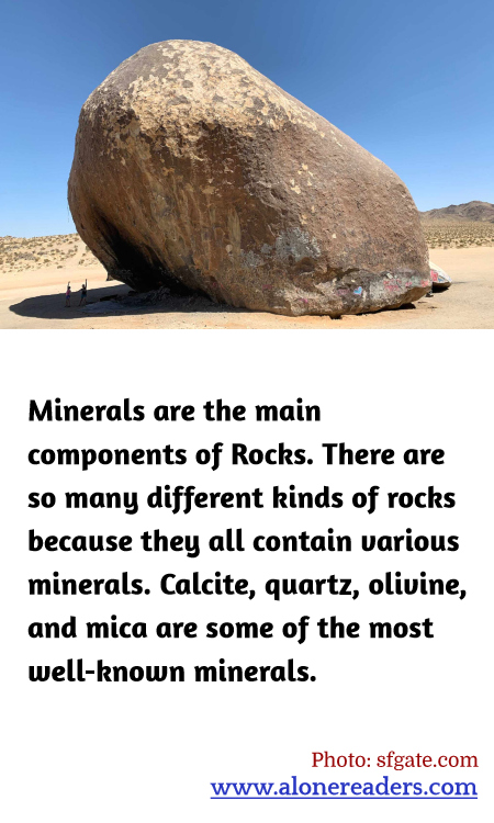 Minerals are the main components of Rocks. There are so many different kinds of rocks because they all contain various minerals. Calcite, quartz, olivine, and mica are some of the most well-known minerals.