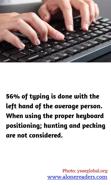 56% of typing is done with the left hand of the average person. When using the proper keyboard positioning; hunting and pecking are not considered.