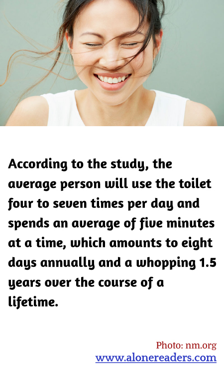 According to the study, the average person will use the toilet four to seven times per day and spends an average of five minutes at a time, which amounts to eight days annually and a whopping 1.5 years over the course of a lifetime.