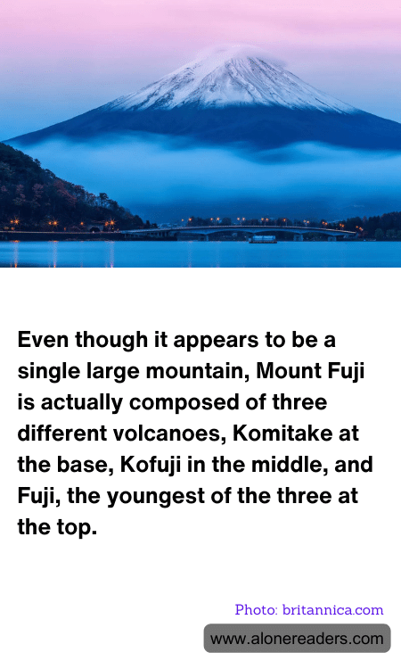 Even though it appears to be a single large mountain, Mount Fuji is actually composed of three different volcanoes, Komitake at the base, Kofuji in the middle, and Fuji, the youngest of the three at the top.