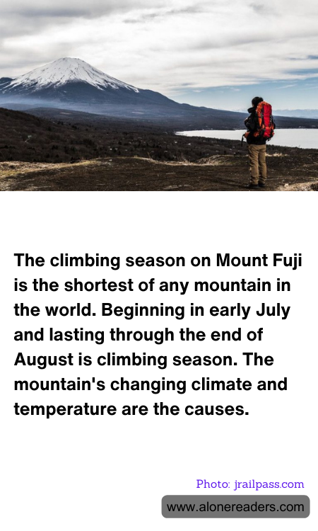 The climbing season on Mount Fuji is the shortest of any mountain in the world. Beginning in early July and lasting through the end of August is climbing season. The mountain's changing climate and temperature are the causes.