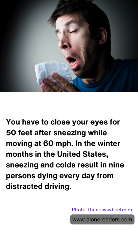 You have to close your eyes for 50 feet after sneezing while moving at 60 mph. In the winter months in the United States, sneezing and colds result in nine persons dying every day from distracted driving.