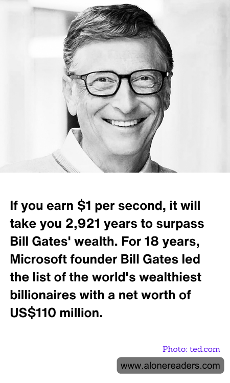 If you earn $1 per second, it will take you 2,921 years to surpass Bill Gates' wealth. For 18 years, Microsoft founder Bill Gates led the list of the world's wealthiest billionaires with a net worth of US$110 million.