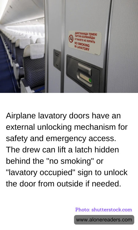 Airplane lavatory doors have an external unlocking mechanism for safety and emergency access. The drew can lift a latch hidden behind the "no smoking" or "lavatory occupied" sign to unlock the door from outside if needed.