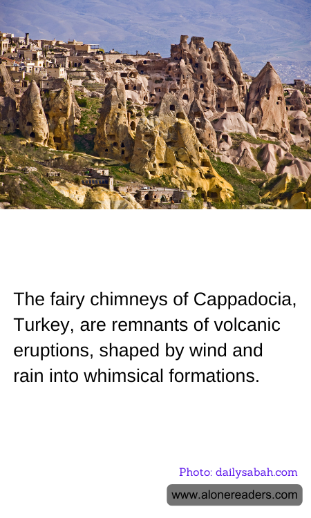 The fairy chimneys of Cappadocia, Turkey, are remnants of volcanic eruptions, shaped by wind and rain into whimsical formations.