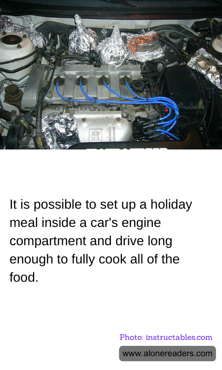 It is possible to set up a holiday meal inside a car's engine compartment and drive long enough to fully cook all of the food.