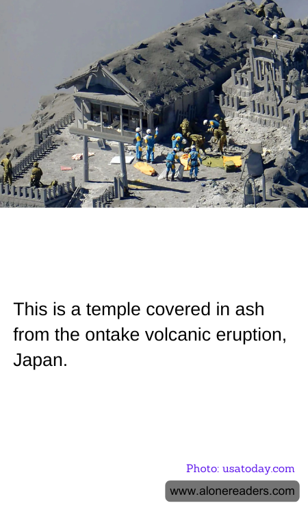 This is a temple covered in ash from the ontake volcanic eruption, Japan.