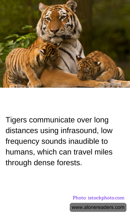Tigers communicate over long distances using infrasound, low frequency sounds inaudible to humans, which can travel miles through dense forests.