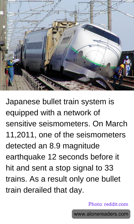 Japanese bullet train system is equipped with a network of sensitive seismometers. On March 11,2011, one of the seismometers detected an 8.9 magnitude earthquake 12 seconds before it hit and sent a stop signal to 33 trains. As a result only one bullet train derailed that day.