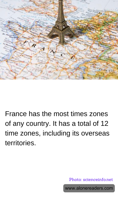 France has the most times zones of any country. It has a total of 12 time zones, including its overseas territories.