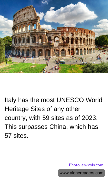 Italy has the most UNESCO World Heritage Sites of any other country, with 59 sites as of 2023. This surpasses China, which has 57 sites.