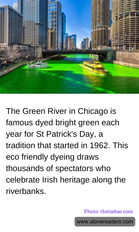 The Green River in Chicago is famous dyed bright green each year for St Patrick's Day, a tradition that started in 1962. This eco friendly dyeing draws thousands of spectators who celebrate Irish heritage along the riverbanks.
