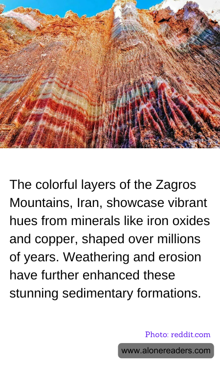 The colorful layers of the Zagros Mountains, Iran, showcase vibrant hues from minerals like iron oxides and copper, shaped over millions of years. Weathering and erosion have further enhanced these stunning sedimentary formations.