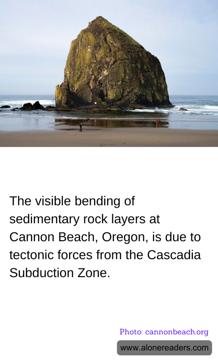 The visible bending of sedimentary rock layers at Cannon Beach, Oregon, is due to tectonic forces from the Cascadia Subduction Zone.