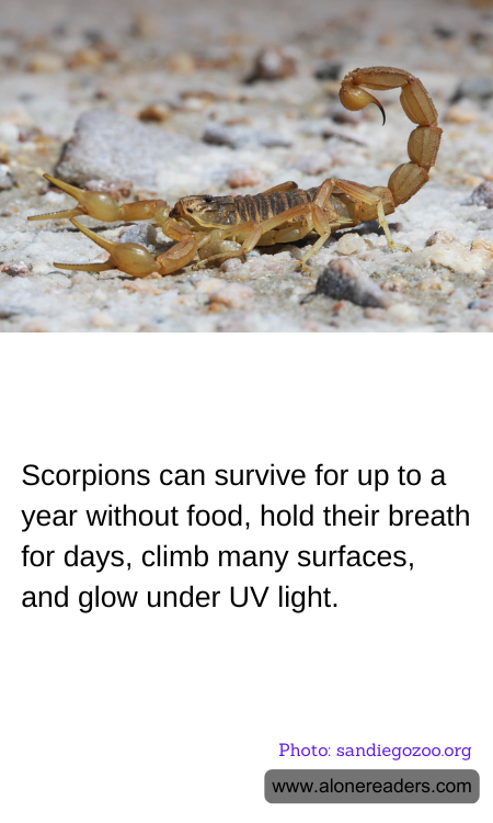 Scorpions can survive for up to a year without food, hold their breath for days, climb many surfaces, and glow under UV light.