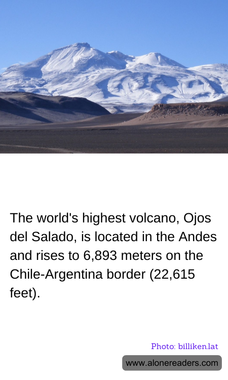 The world's highest volcano, Ojos del Salado, is located in the Andes and rises to 6,893 meters on the Chile-Argentina border (22,615 feet).
