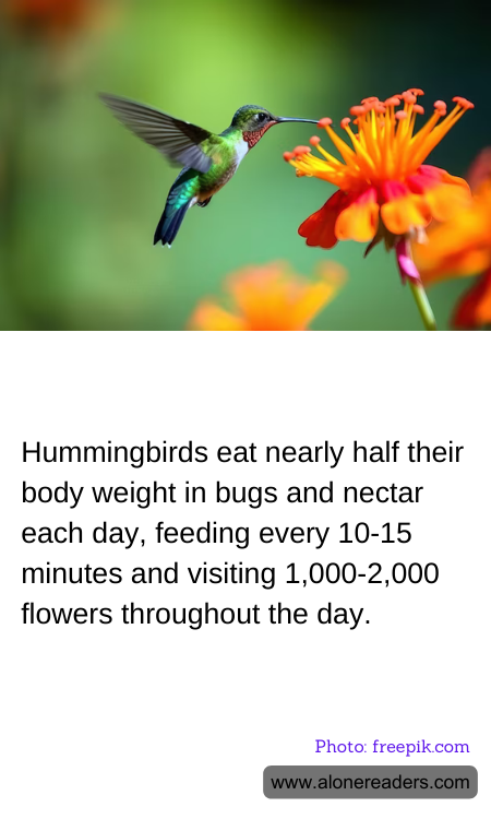 Hummingbirds eat nearly half their body weight in bugs and nectar each day, feeding every 10-15 minutes and visiting 1,000-2,000 flowers throughout the day.