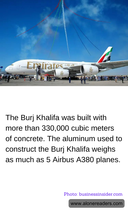 The Burj Khalifa was built with more than 330,000 cubic meters of concrete. The aluminum used to construct the Burj Khalifa weighs as much as 5 Airbus A380 planes.