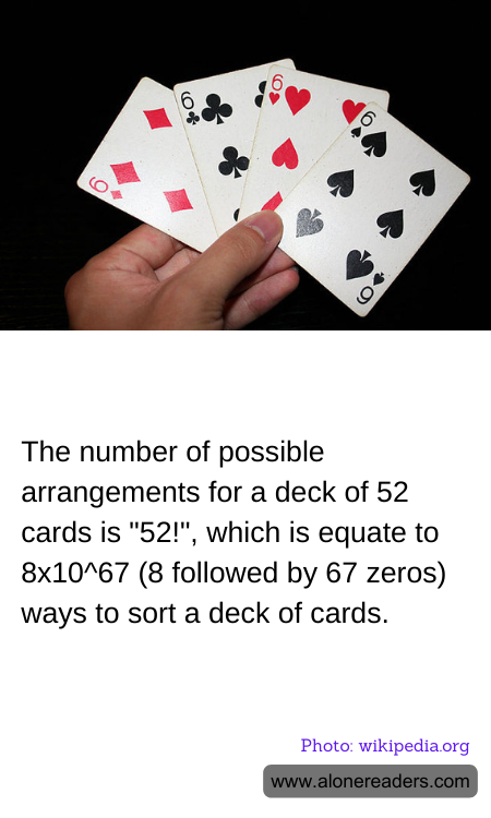 The number of possible arrangements for a deck of 52 cards is "52!", which is equate to 8x10^67 (8 followed by 67 zeros) ways to sort a deck of cards.