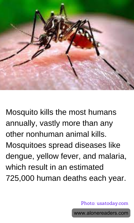 Mosquito kills the most humans annually, vastly more than any other nonhuman animal kills. Mosquitoes spread diseases like dengue, yellow fever, and malaria, which result in an estimated 725,000 human deaths each year.