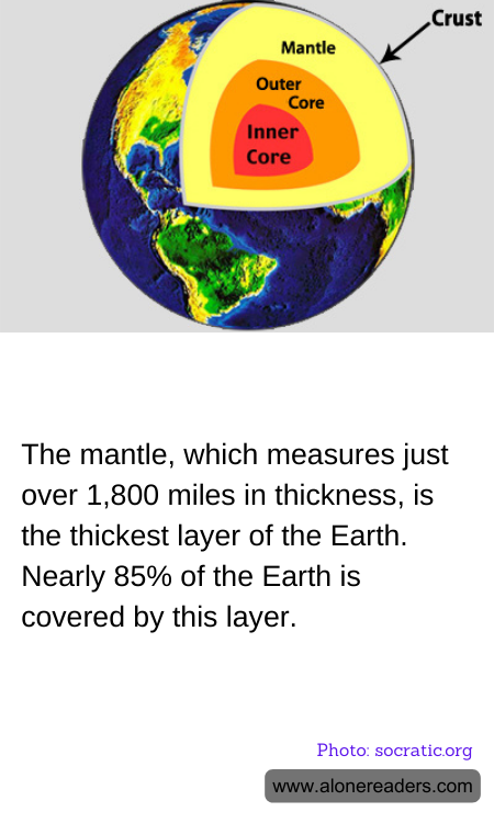 The mantle, which measures just over 1,800 miles in thickness, is the thickest layer of the Earth. Nearly 85% of the Earth is covered by this layer.