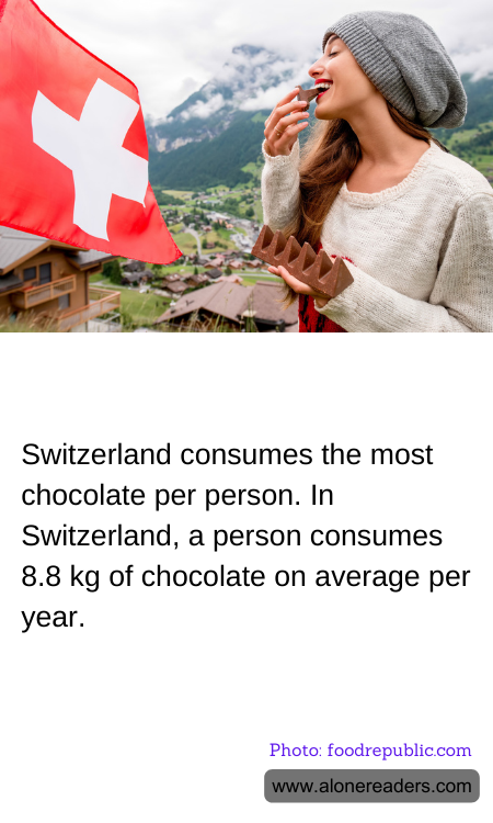 Switzerland consumes the most chocolate per person. In Switzerland, a person consumes 8.8 kg of chocolate on average per year.