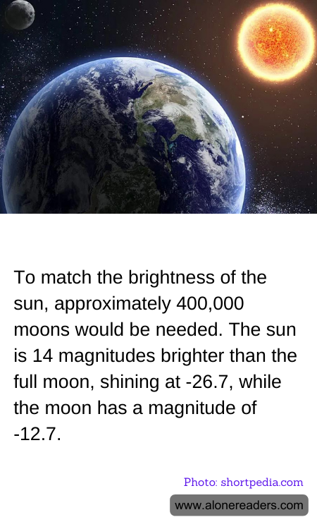 To match the brightness of the sun, approximately 400,000 moons would be needed. The sun is 14 magnitudes brighter than the full moon, shining at -26.7, while the moon has a magnitude of -12.7.