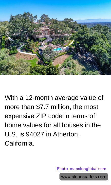 With a 12-month average value of more than $7.7 million, the most expensive ZIP code in terms of home values for all houses in the U.S. is 94027 in Atherton, California.