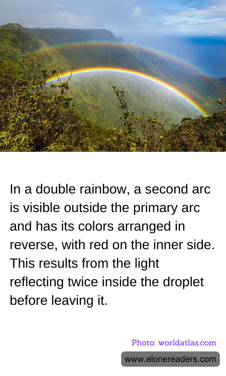 In a double rainbow, a second arc is visible outside the primary arc and has its colors arranged in reverse, with red on the inner side. This results from the light reflecting twice inside the droplet before leaving it.