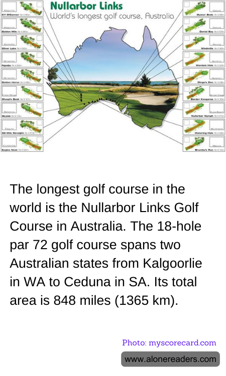 The longest golf course in the world is the Nullarbor Links Golf Course in Australia. The 18-hole par 72 golf course spans two Australian states from Kalgoorlie in WA to Ceduna in SA. Its total area is 848 miles (1365 km).