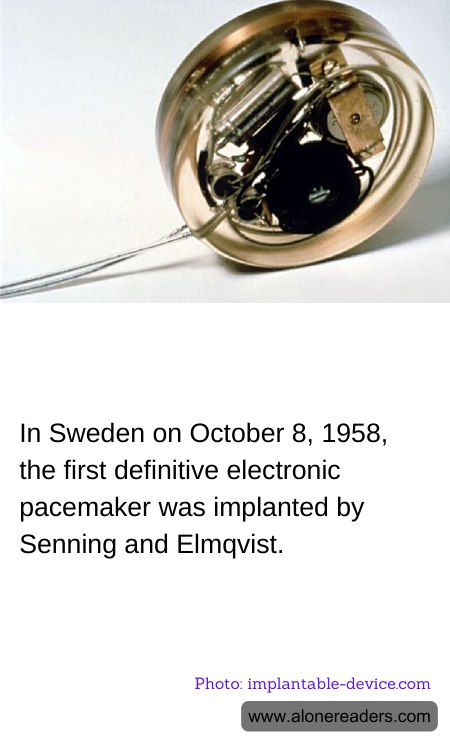 In Sweden on October 8, 1958, the first definitive electronic pacemaker was implanted by Senning and Elmqvist.