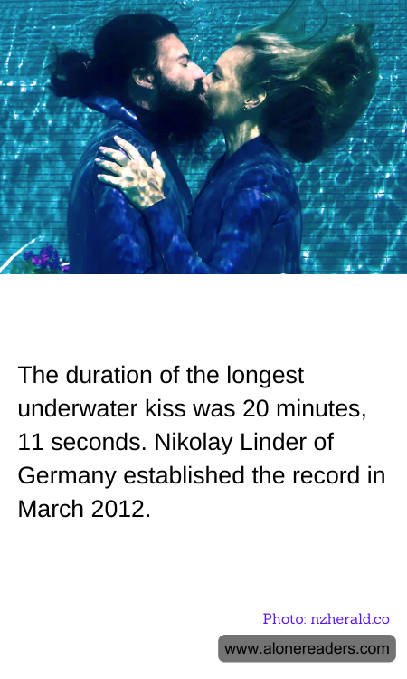 The duration of the longest underwater kiss was 20 minutes, 11 seconds. Nikolay Linder of Germany established the record in March 2012.