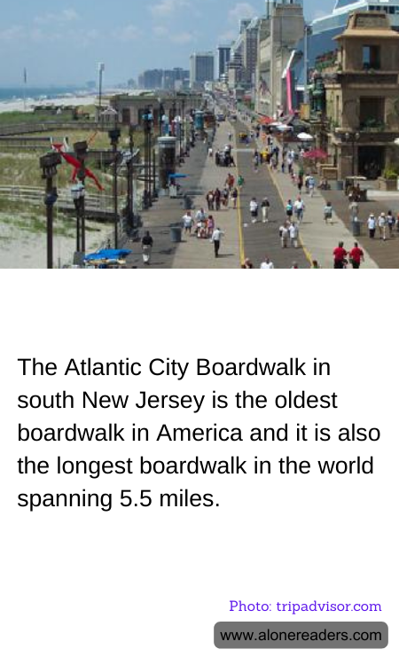 The Atlantic City Boardwalk in south New Jersey is the oldest boardwalk in America and it is also the longest boardwalk in the world spanning 5.5 miles.