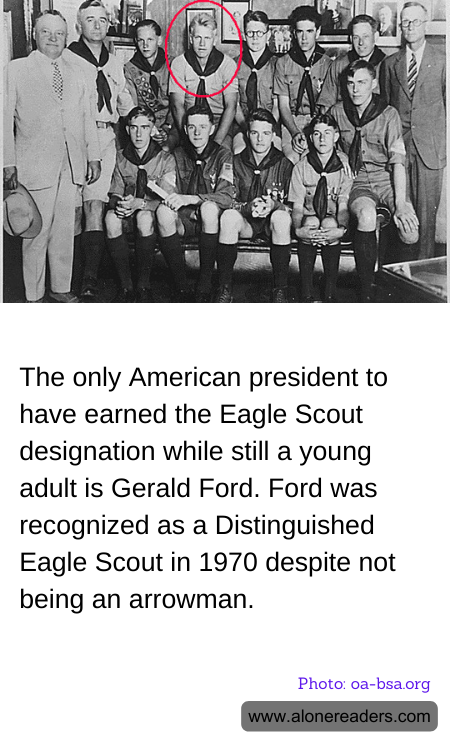 The only American president to have earned the Eagle Scout designation while still a young adult is Gerald Ford. Ford was recognized as a Distinguished Eagle Scout in 1970 despite not being an arrowman.
