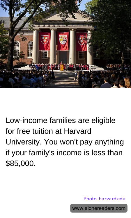 Low-income families are eligible for free tuition at Harvard University. You won't pay anything if your family's income is less than $85,000.