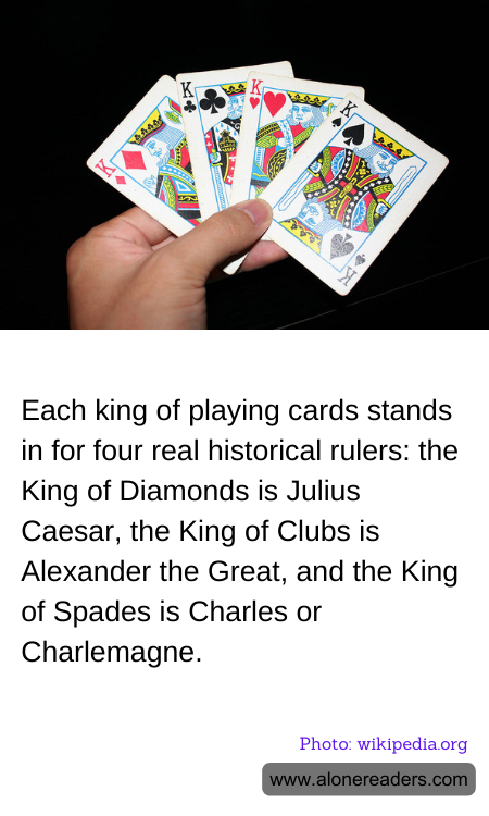 Each king of playing cards stands in for four real historical rulers: the King of Diamonds is Julius Caesar, the King of Clubs is Alexander the Great, and the King of Spades is Charles or Charlemagne.