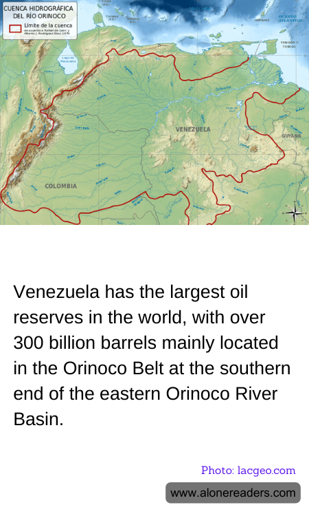 Venezuela has the largest oil reserves in the world, with over 300 billion barrels mainly located in the Orinoco Belt at the southern end of the eastern Orinoco River Basin.