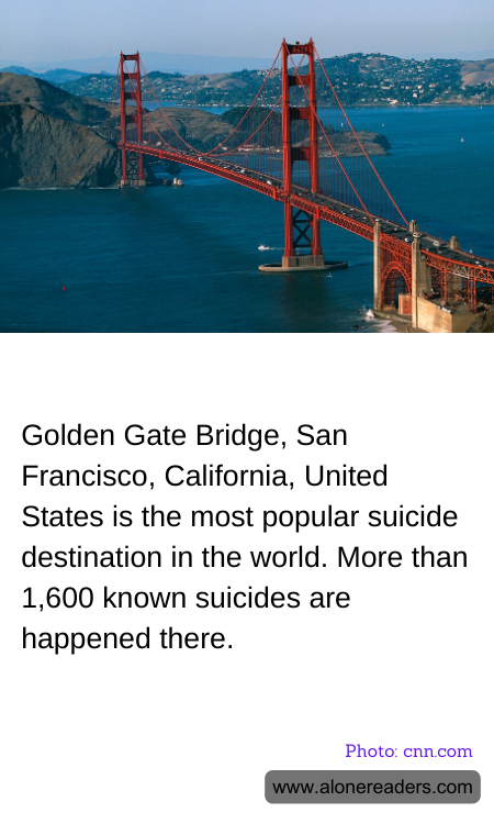 Golden Gate Bridge, San Francisco, California, United States is the most popular suicide destination in the world. More than 1,600 known suicides are happened there.