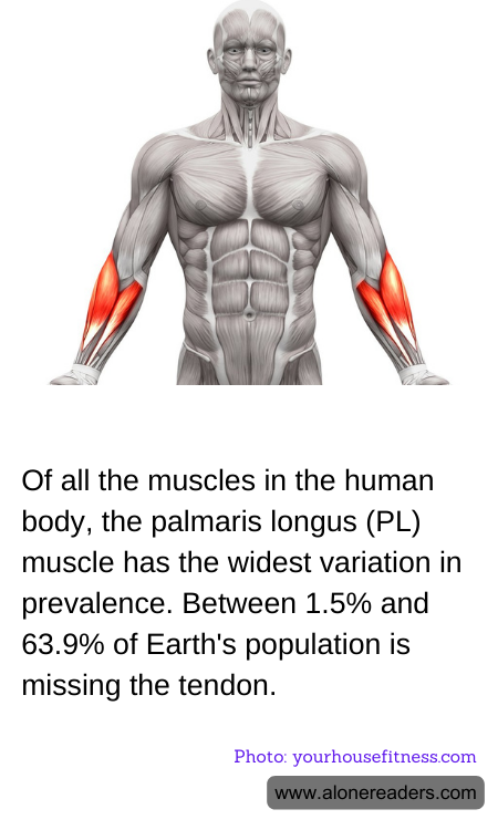 Of all the muscles in the human body, the palmaris longus (PL) muscle has the widest variation in prevalence. Between 1.5% and 63.9% of Earth's population is missing the tendon.