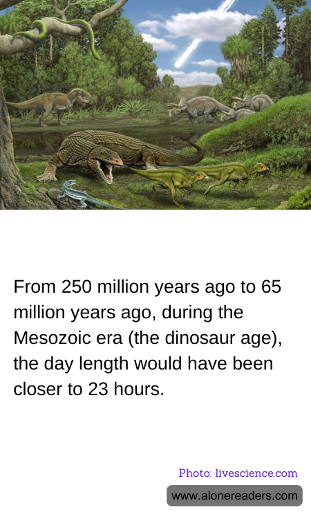 From 250 million years ago to 65 million years ago, during the Mesozoic era (the dinosaur age), the day length would have been closer to 23 hours.