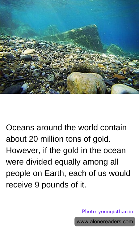 Oceans around the world contain about 20 million tons of gold. However, if the gold in the ocean were divided equally among all people on Earth, each of us would receive 9 pounds of it.