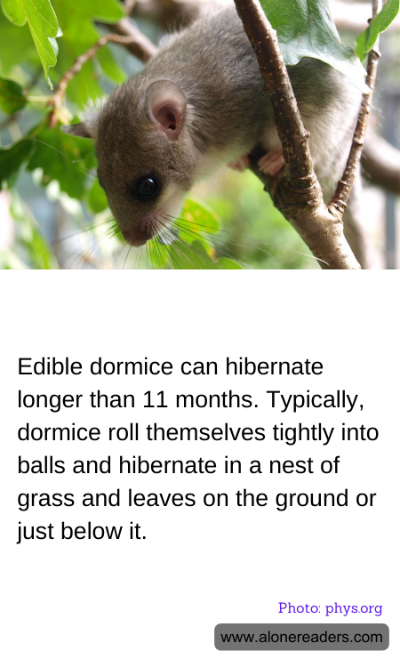 Edible dormice can hibernate longer than 11 months. Typically, dormice roll themselves tightly into balls and hibernate in a nest of grass and leaves on the ground or just below it.